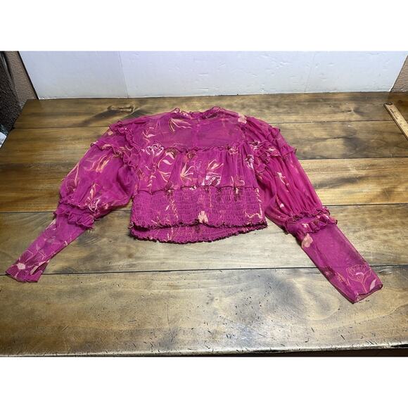 Free People Time For Shine Mesh Cropped Smocked Pink Purple Floral Blouse Top L - Picture 11 of 12